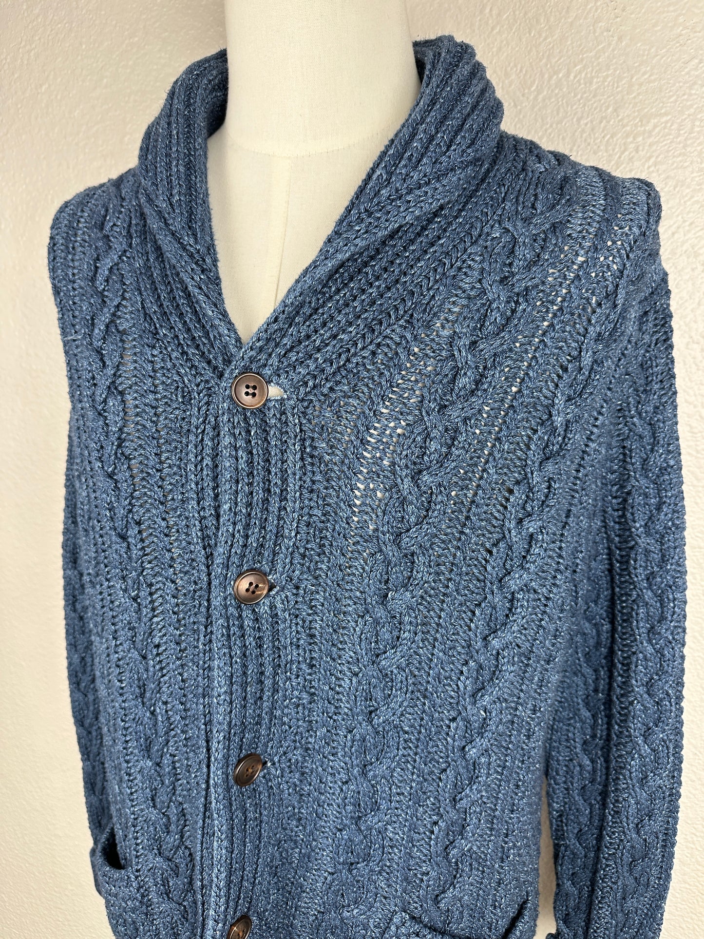 SS20 Indigo Aran Shawl Collar Cardigan