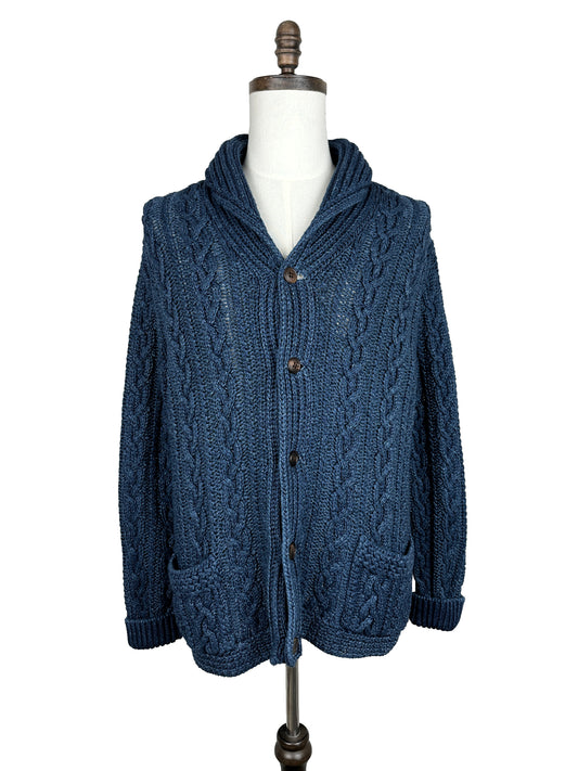 SS20 Indigo Aran Shawl Collar Cardigan