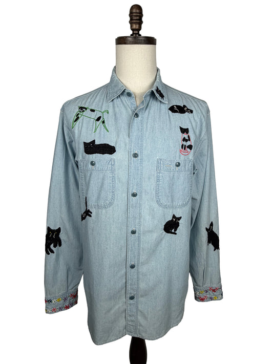 Chambray Black Cat Embroidery Work Shirt