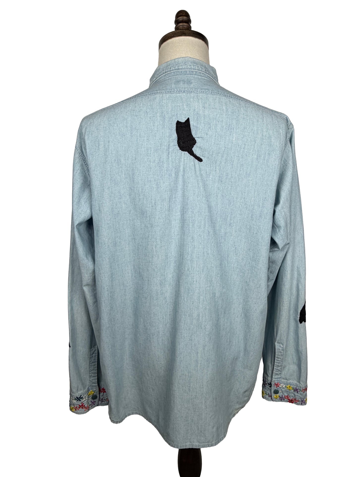 Chambray Black Cat Embroidery Work Shirt