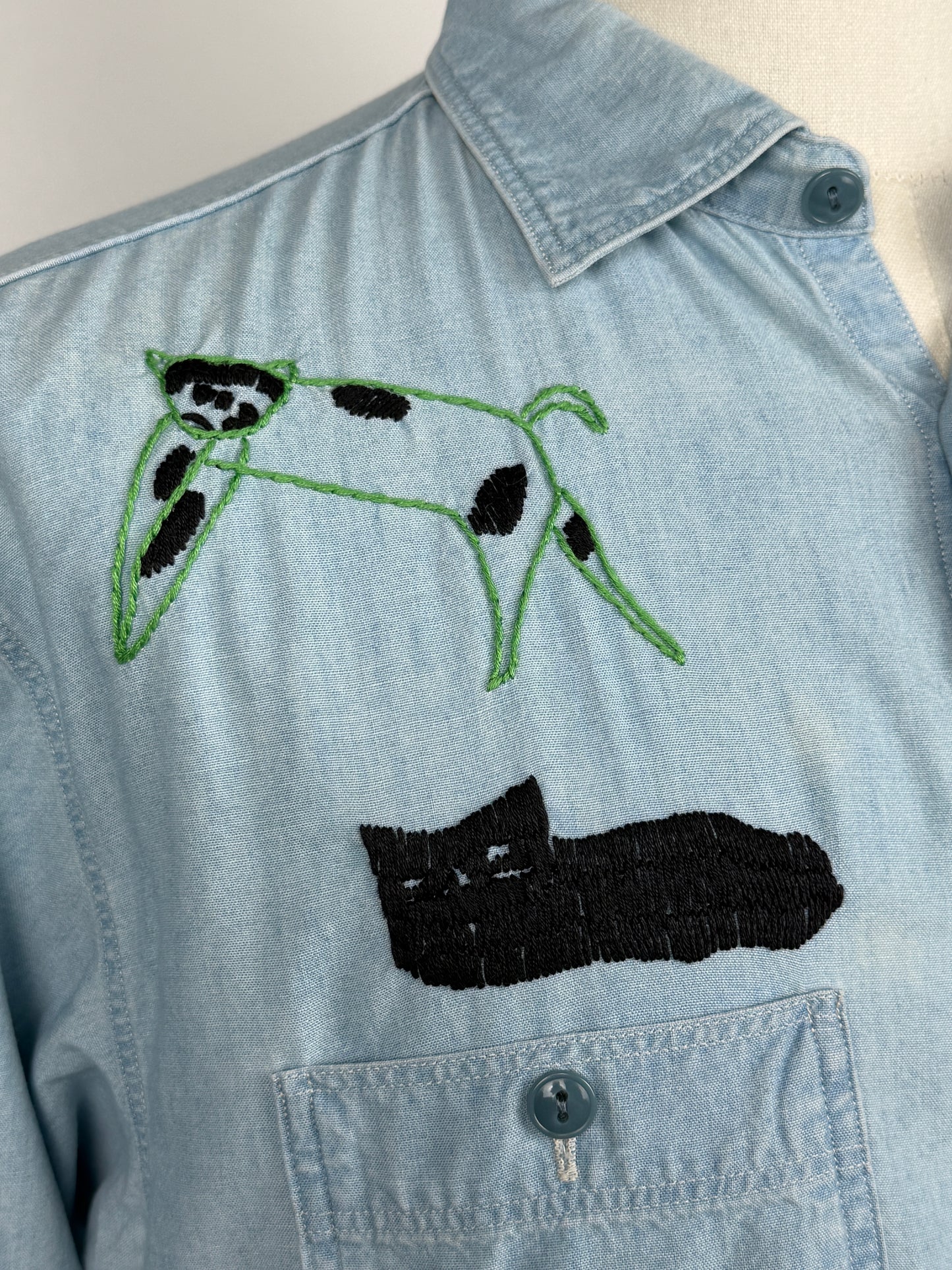 Chambray Black Cat Embroidery Work Shirt