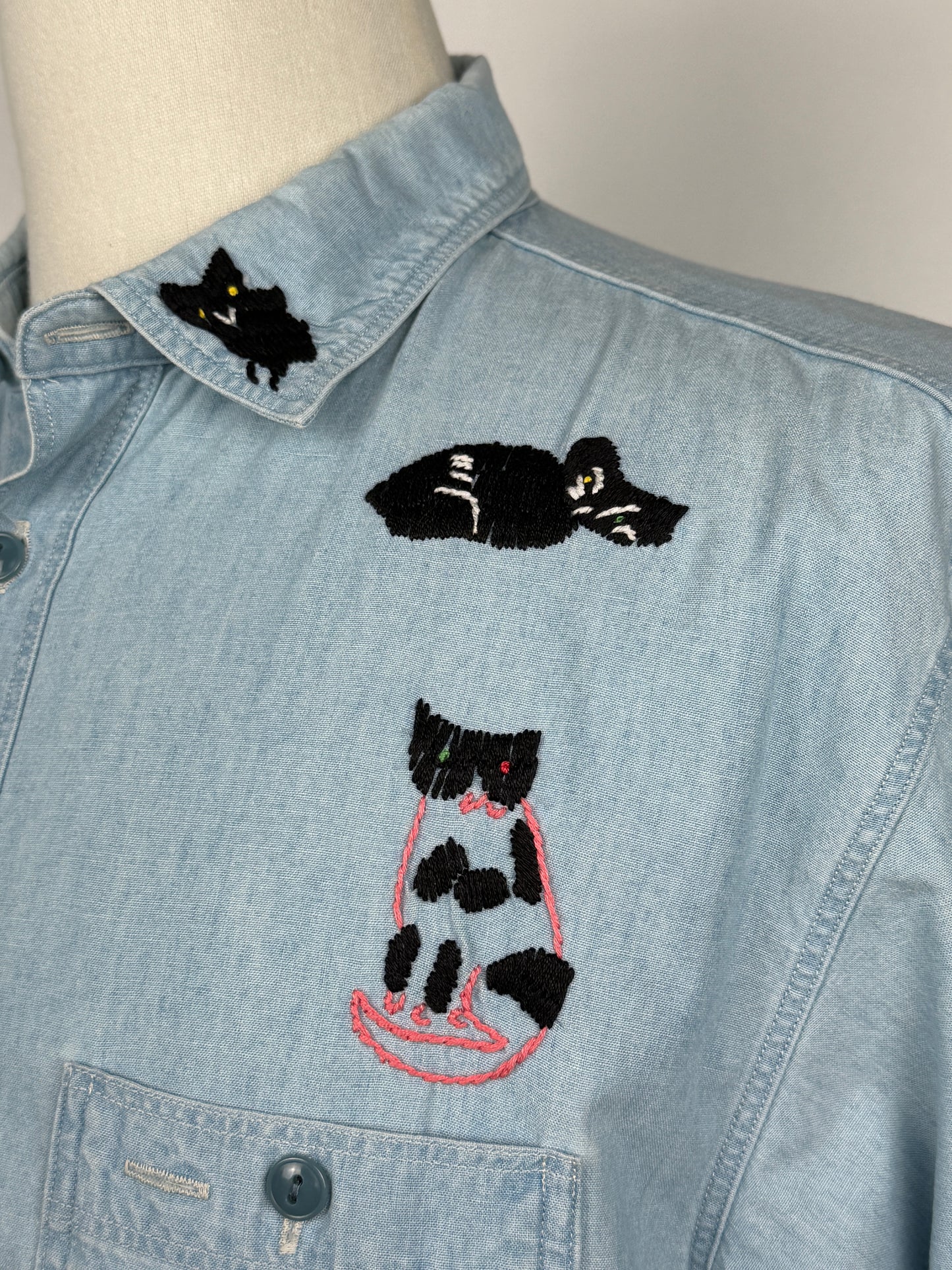 Chambray Black Cat Embroidery Work Shirt